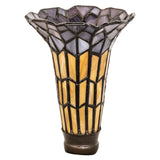 Side view of the Amber and Pink Pond Lily stained glass shade with intricate patterns.