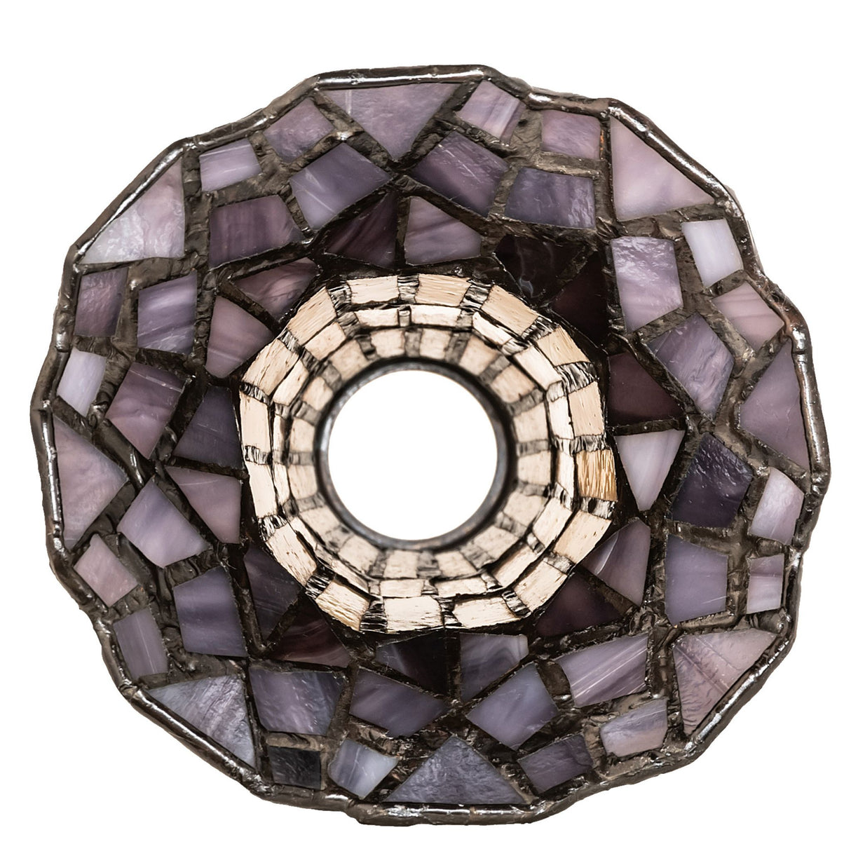 Top view of the Amber and Pink stained glass Pond Lily shade with a detailed floral design.