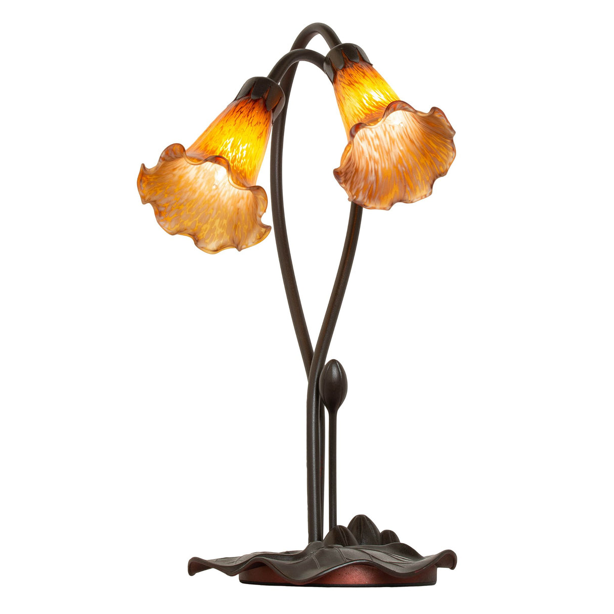 Illuminated view of the Amber Tiffany Pond Lily accent lamp glowing with warm amber tones.