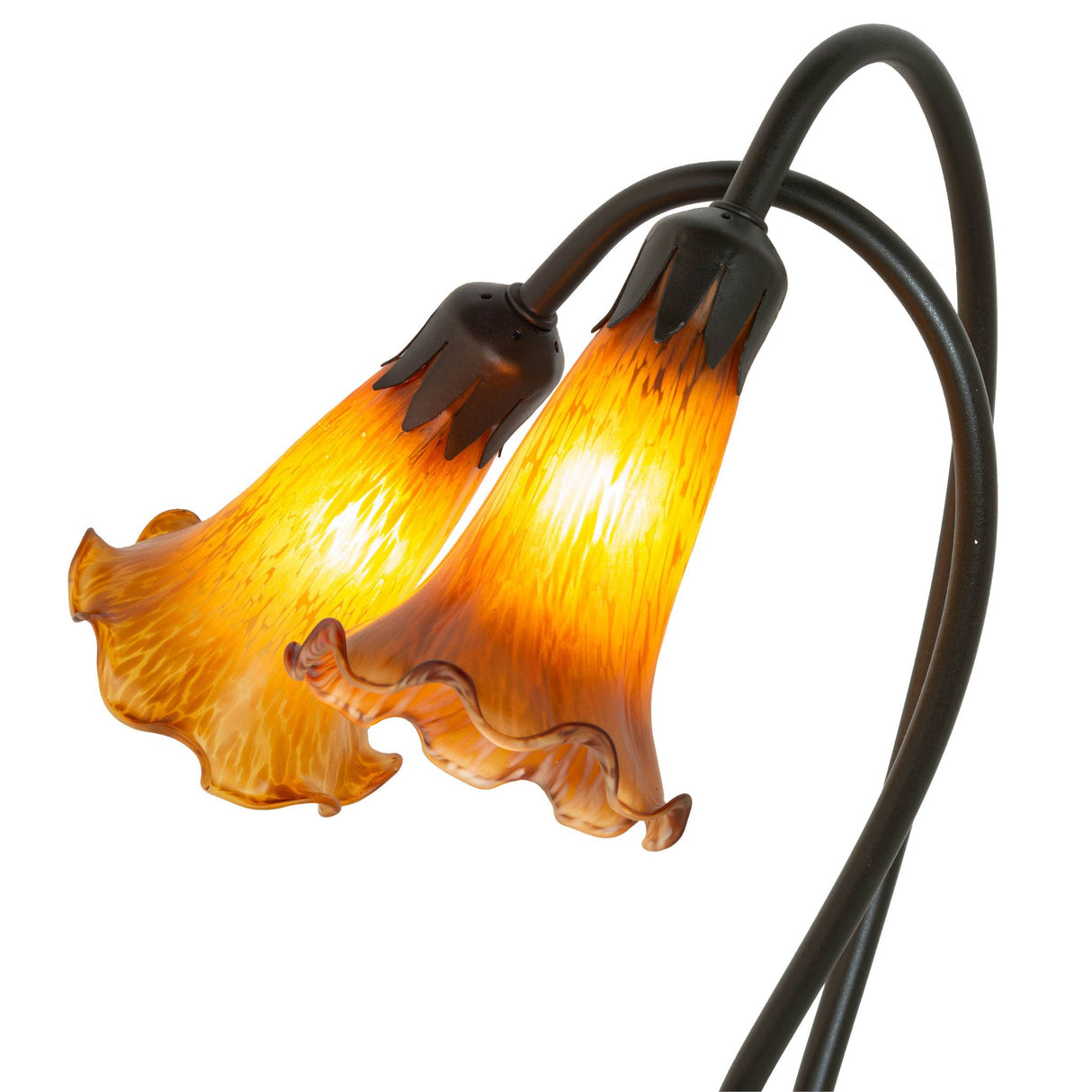 Closeup of the Amber Tiffany Pond Lily lamp’s hand-blown amber glass shades.