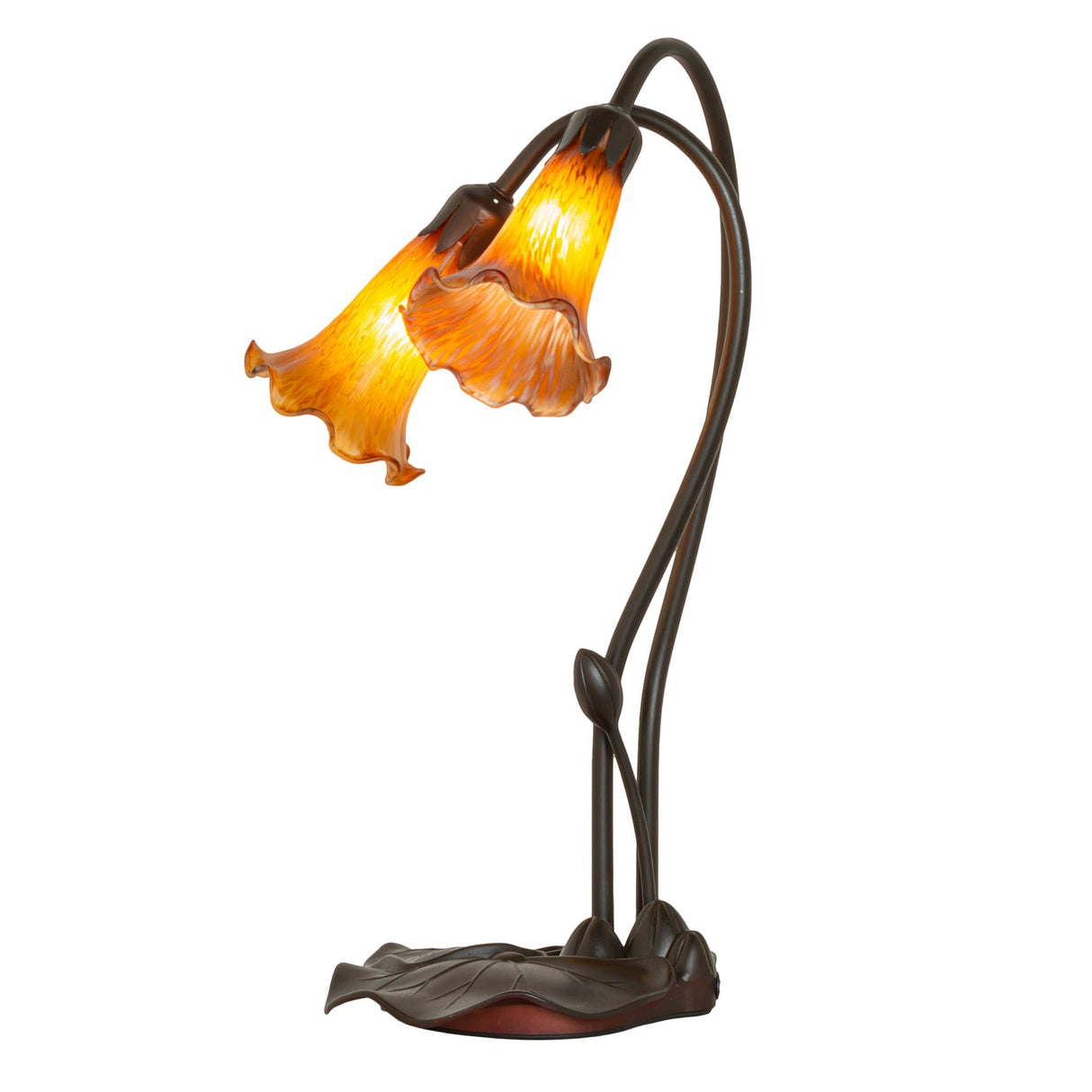 Side view of the Amber Tiffany Pond Lily accent lamp with gracefully winding stems.