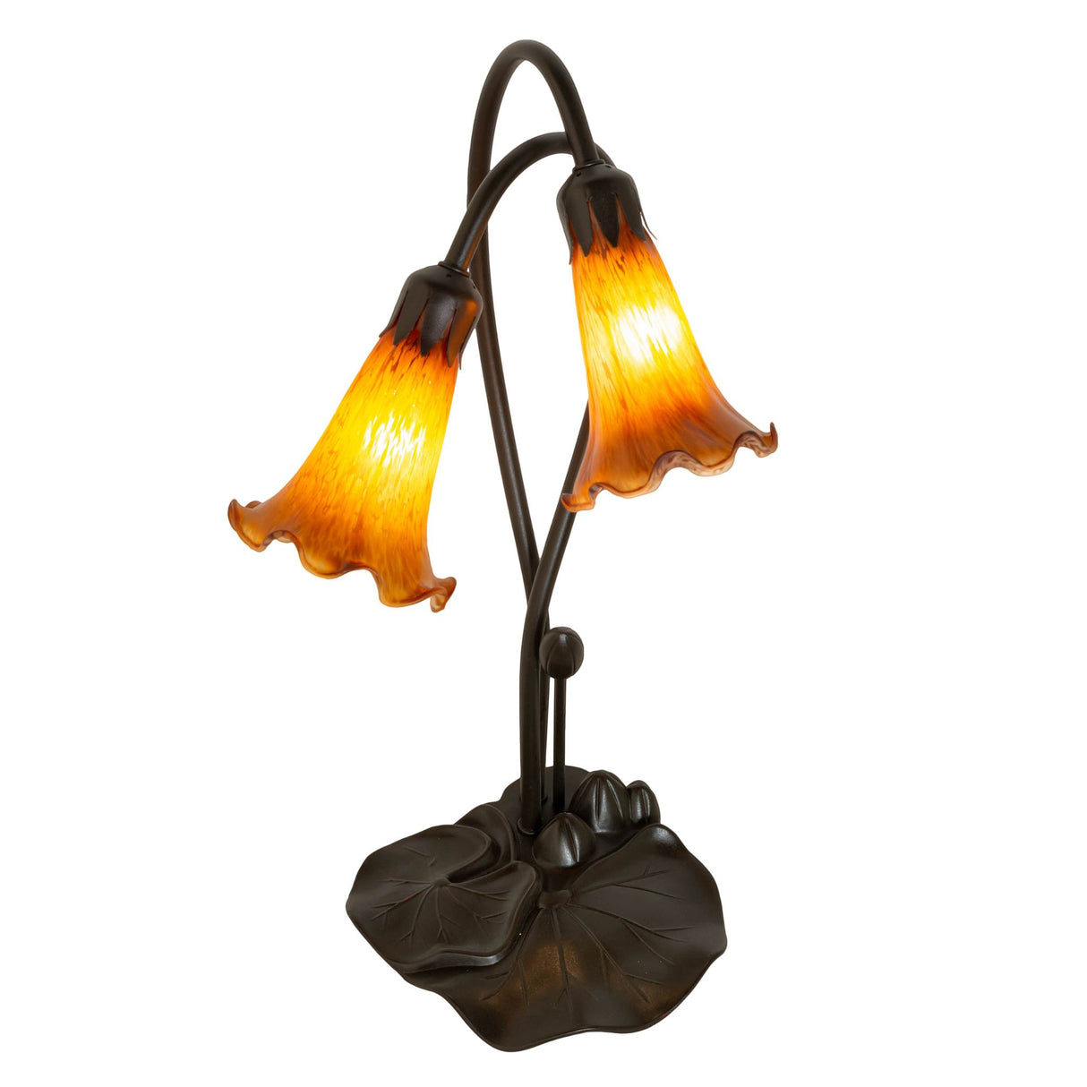 Top view of the Amber Tiffany Pond Lily accent lamp highlighting shade arrangement and stems.