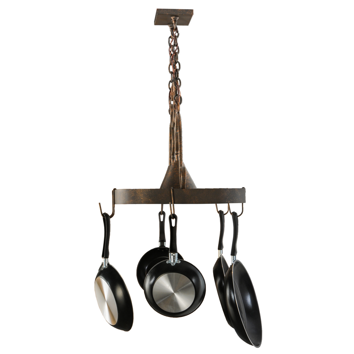 Handcrafted Elana pot rack chandelier for kitchen island.