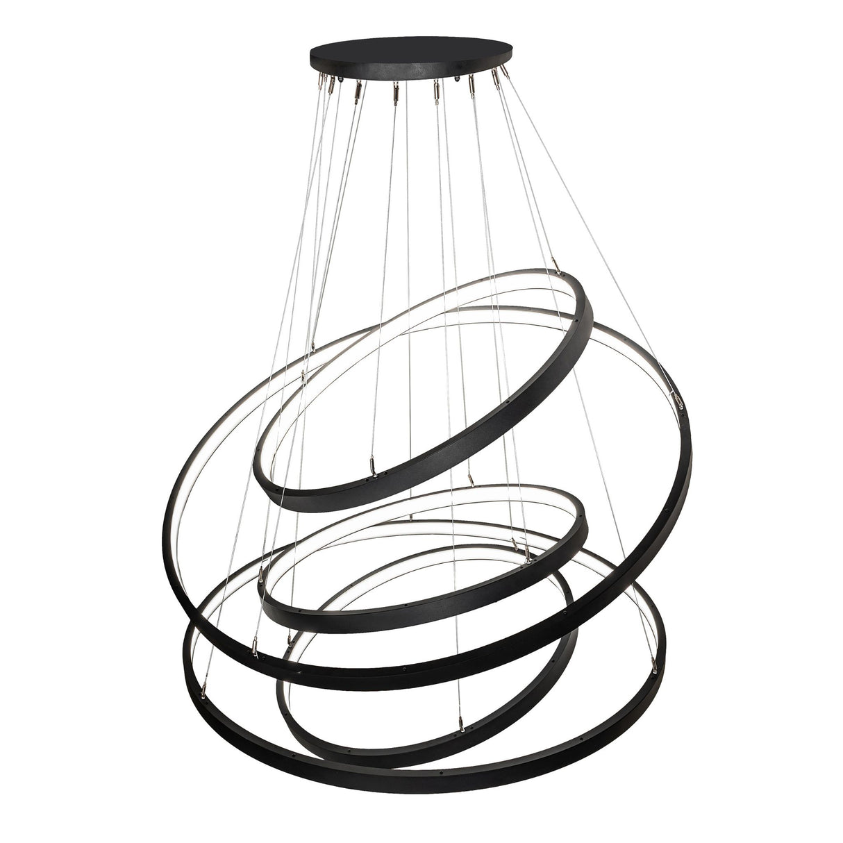 Top angled view of cascading chandelier highlighting floating five-ring design.