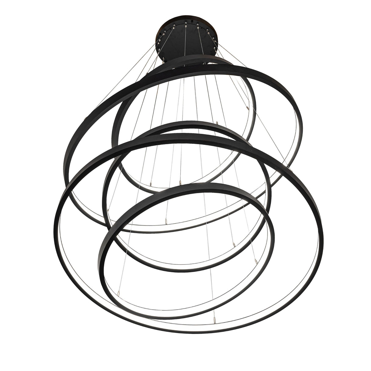 Bottom angled view of chandelier highlighting layered LED rings and suspension cables.