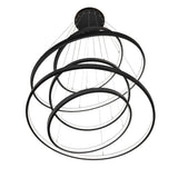 Bottom angled view of chandelier highlighting layered LED rings and suspension cables.