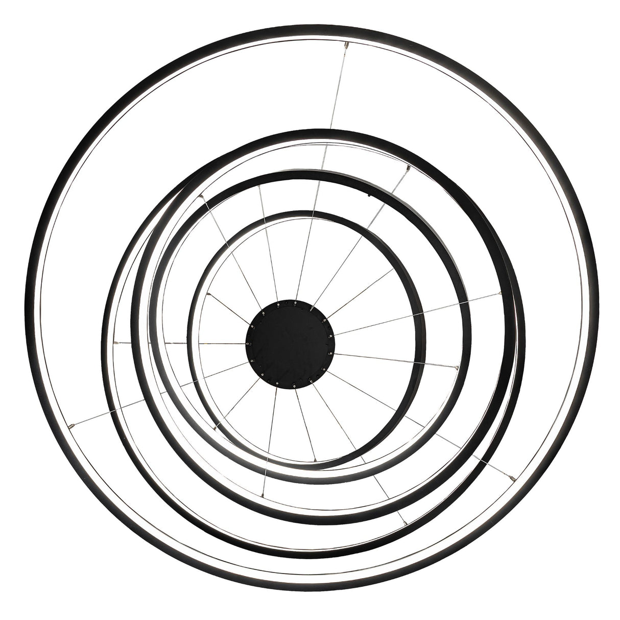 Bottom view of chandelier displaying concentric LED rings and suspension cables.