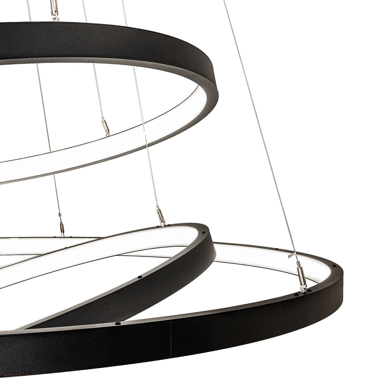 Detail view of integrated LED diffuser within cascading ring chandelier.