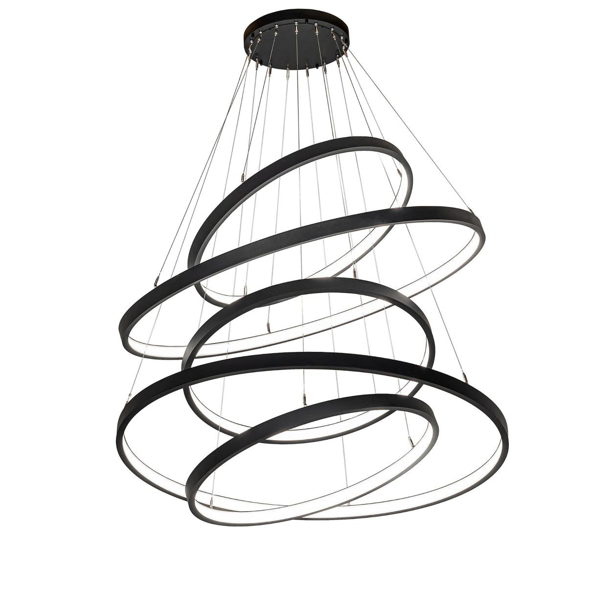 Anillo cascading chandelier illuminated, featuring five glowing LED rings in textured black finish.