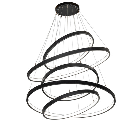 Anillo cascading chandelier illuminated, featuring five glowing LED rings in textured black finish.