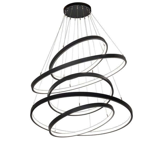 Anillo cascading chandelier illuminated, featuring five glowing LED rings in textured black finish.