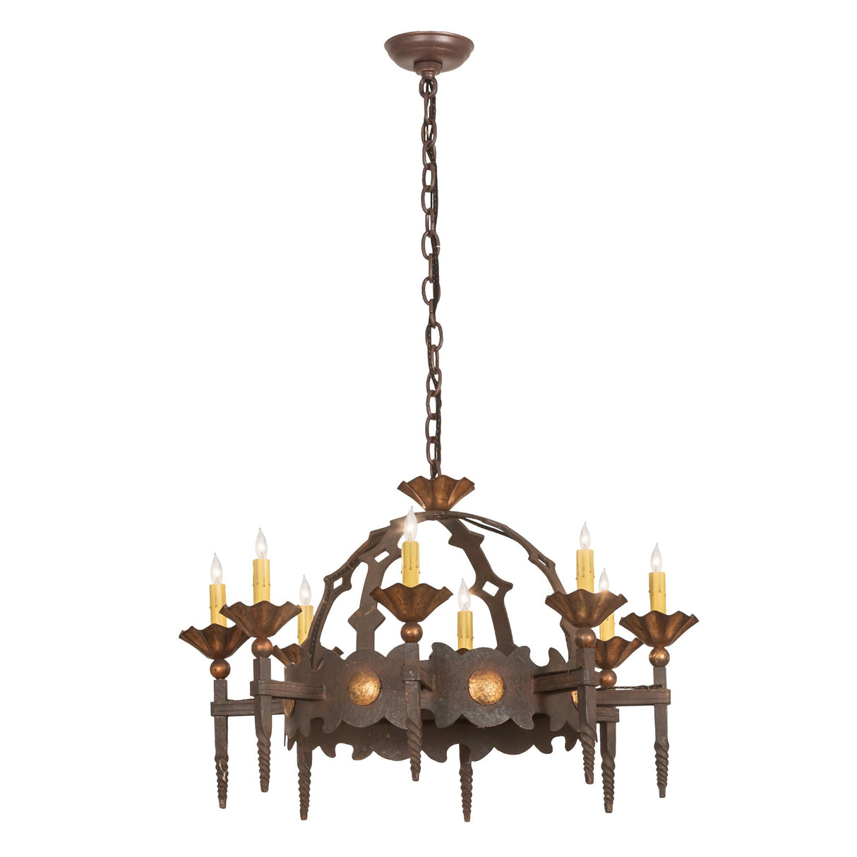 Antibes 8-light chandelier showing full hanging chain and canopy.