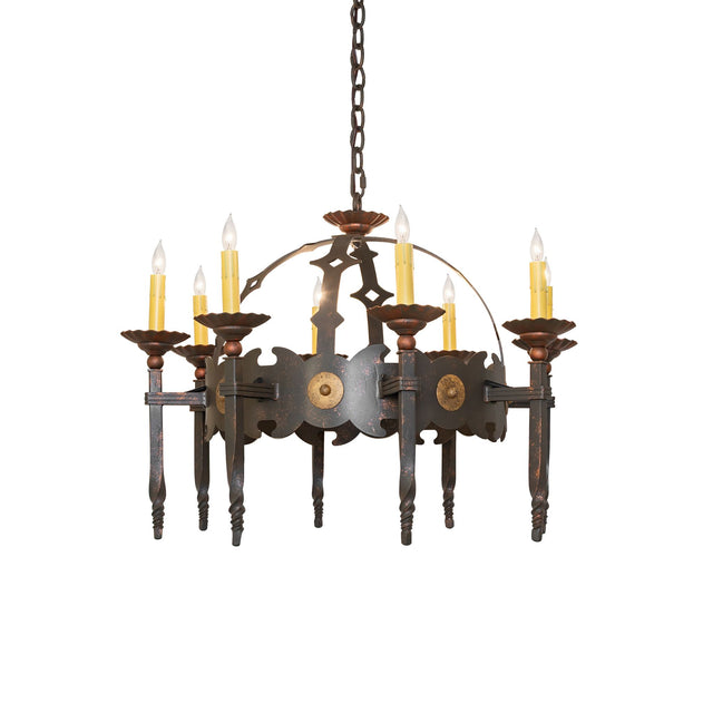 Lit view of Antibes 8-light chandelier with gilded tobacco iron frame.