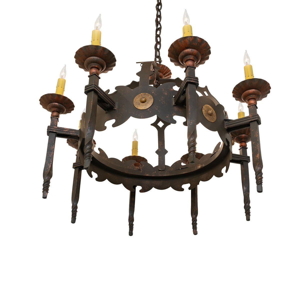 Underside detail of Antibes iron chandelier frame.