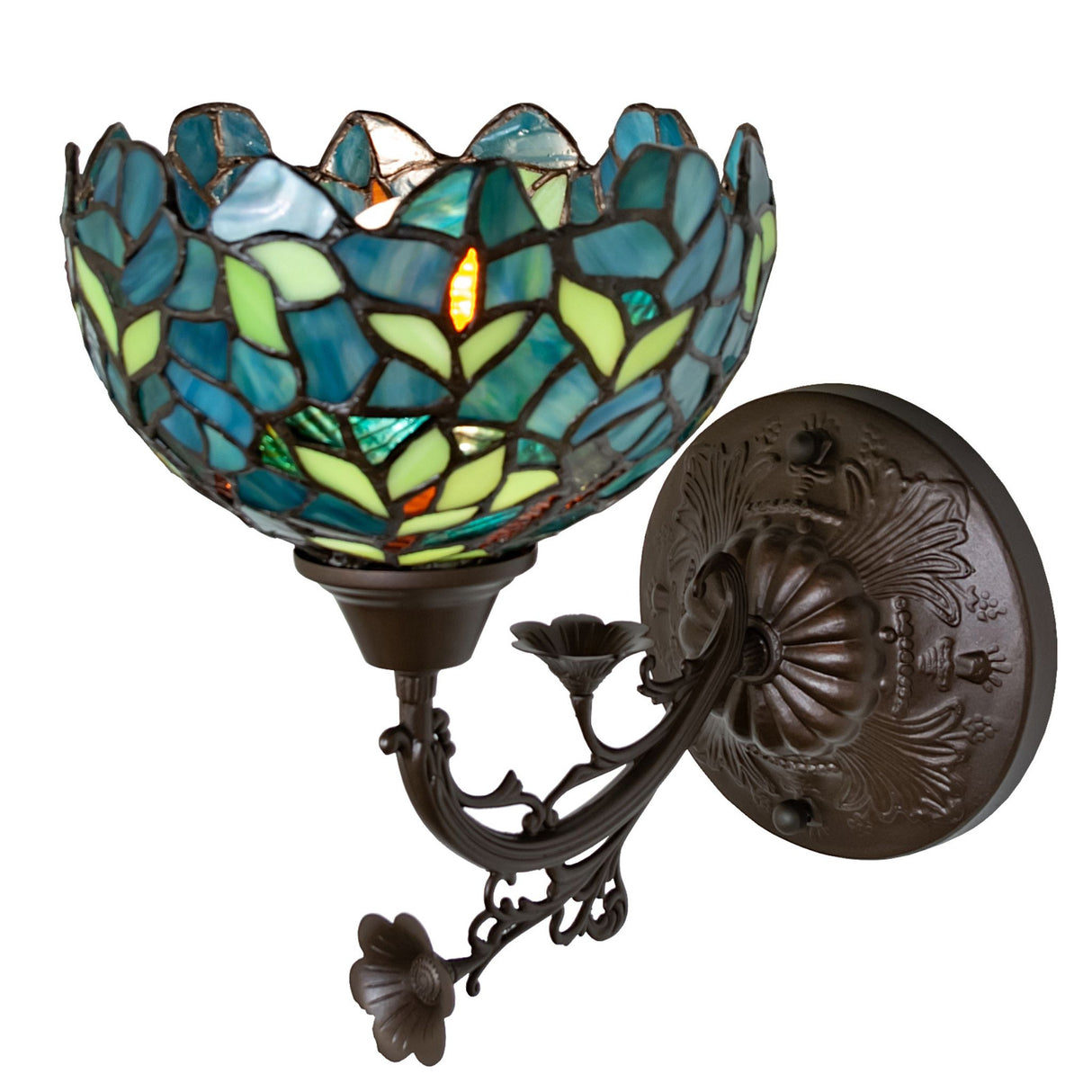 Stylized side view of Nightfall Wisteria wall sconce with antique bronze finish.