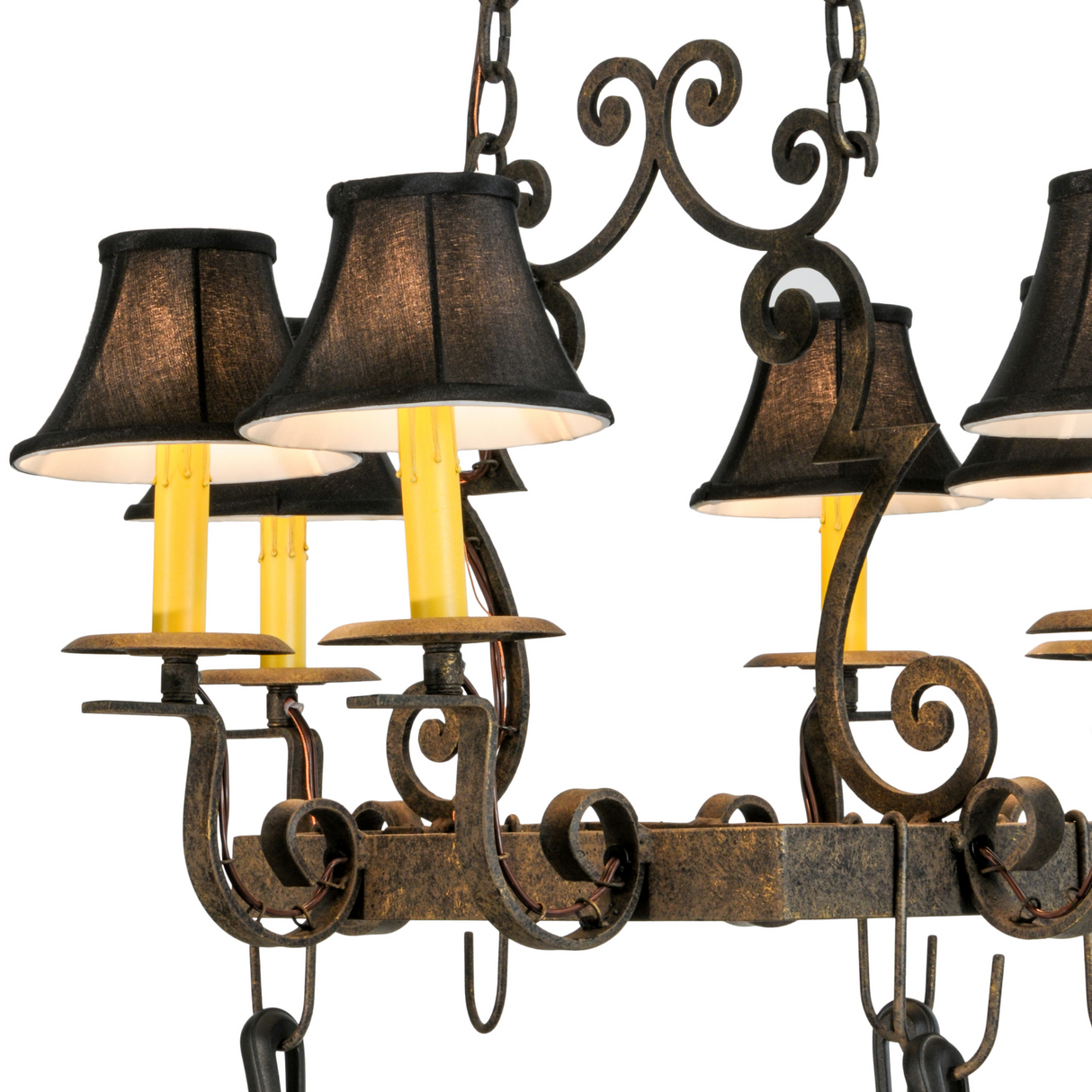 Detail of antique finish and hanging hooks on Elara pot rack.
