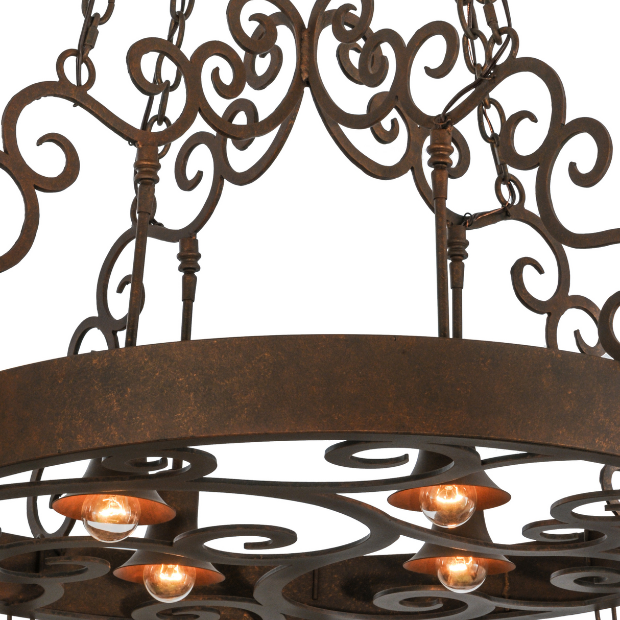 Close-up of Dior chandelier’s hand-forged scroll design.