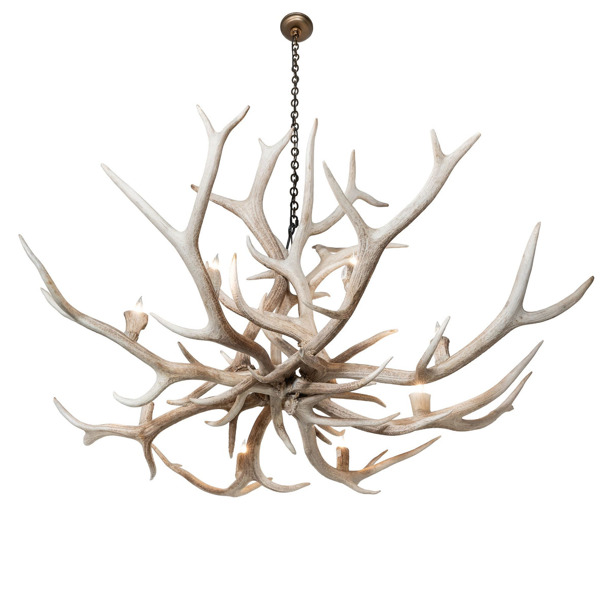Bottom angled view highlighting the layered antler frame and candle positions.