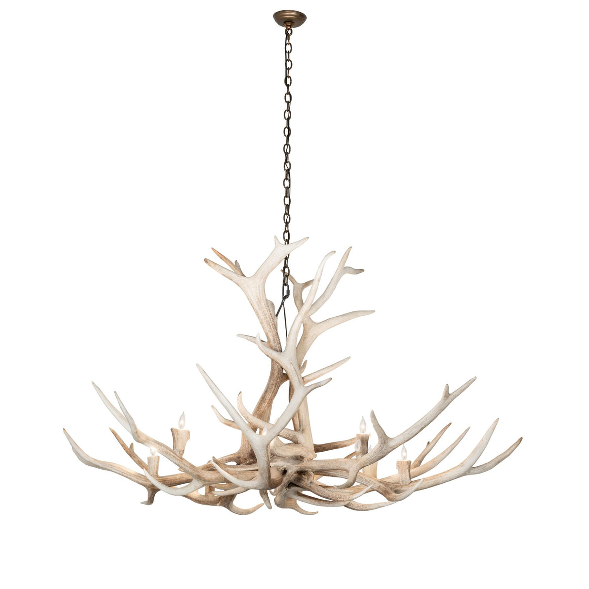 Full view of Elk antler chandelier suspended from an overhead chain.