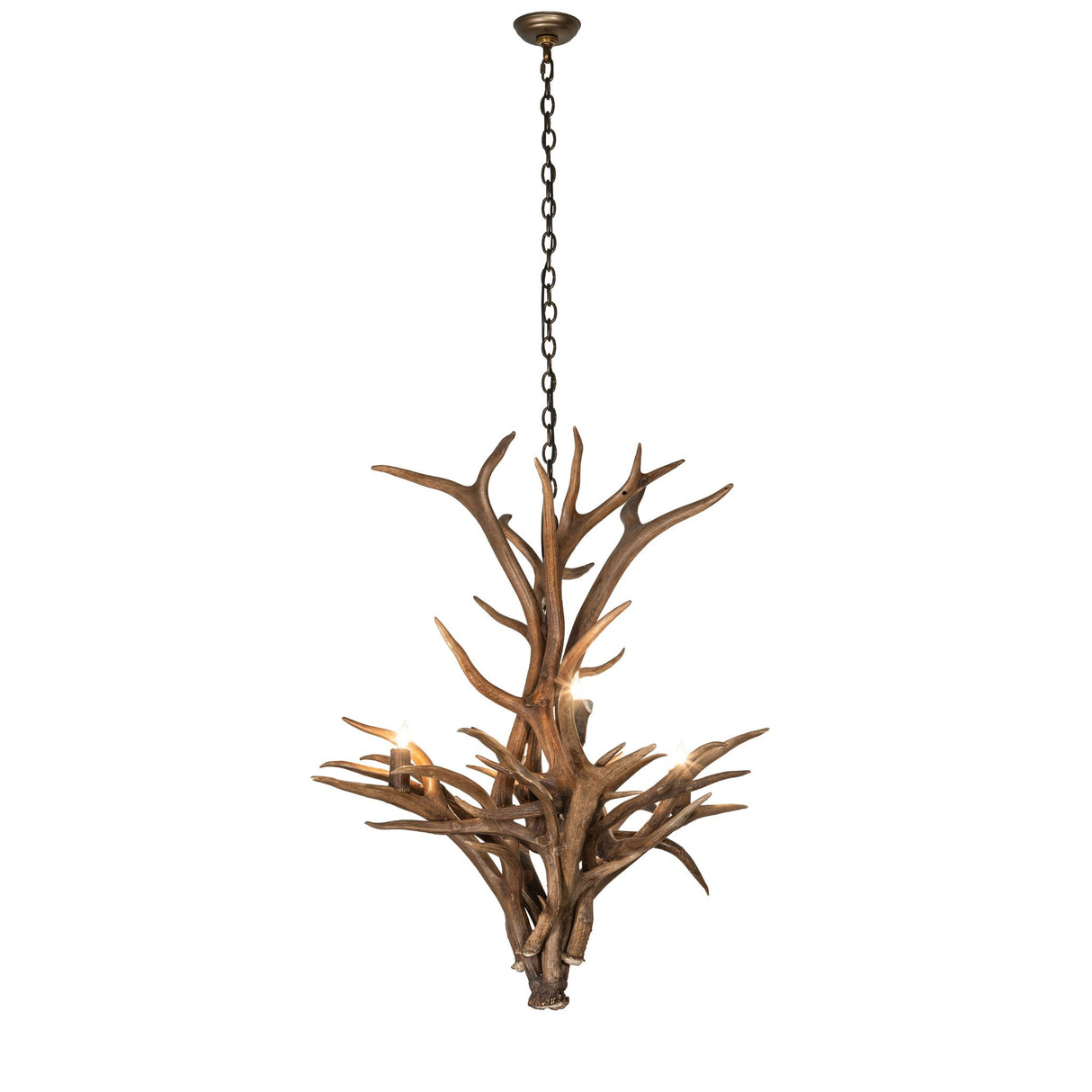 Full hanging view of antler chandelier with adjustable chain for cabins and entryways.