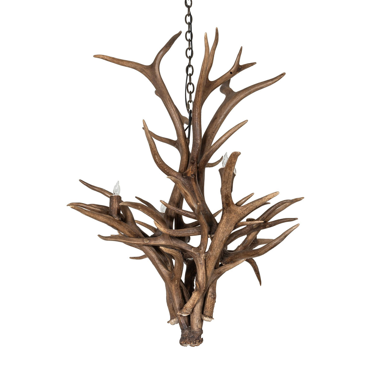 Unlit view of antler chandelier highlighting authentic elk and mule deer antler craftsmanship.