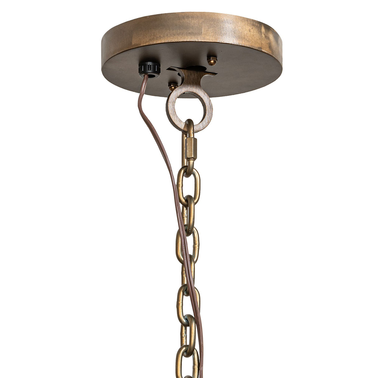 Ceiling canopy view showing antique brass finish, hanging chain, and mounting hardware details.