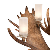 Close-up detail of antler surface with seeded glass cylinder and antique brass hardware.