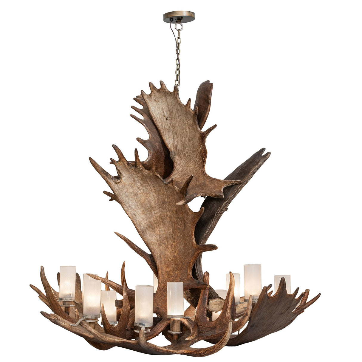 Side view of chandelier highlighting sweeping antler curves and cylinder glass arrangement.