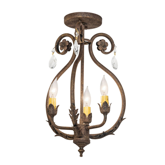 Lit view of chandelier with antiquity finish, scrolled arms, crystal drops, and ivory candle-style bulbs.