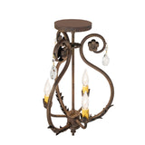 Top angle view of chandelier revealing upper scroll arms, floral accents, and candle sleeves.