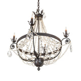 Angled view of crystal chandelier with faceted crystal garlands.