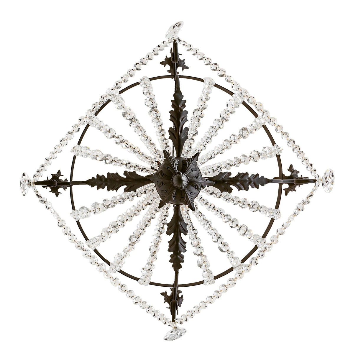 Bottom view of chandelier showing crystal pattern and metal framework.