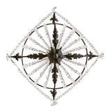 Bottom view of chandelier showing crystal pattern and metal framework.