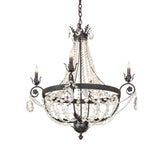 Lit view of 4-light crystal chandelier with chestnut finish and candle-style bulbs.