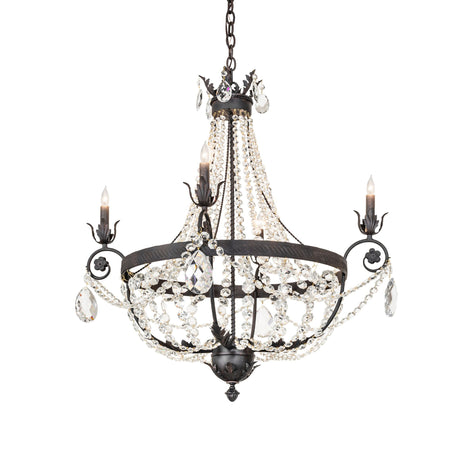 Lit view of 4-light crystal chandelier with chestnut finish and candle-style bulbs.