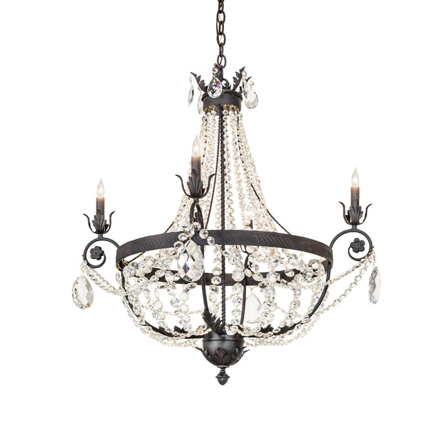 Lit view of 4-light crystal chandelier with chestnut finish and candle-style bulbs.