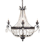 Side view of chandelier highlighting crystal drape and candle holders.