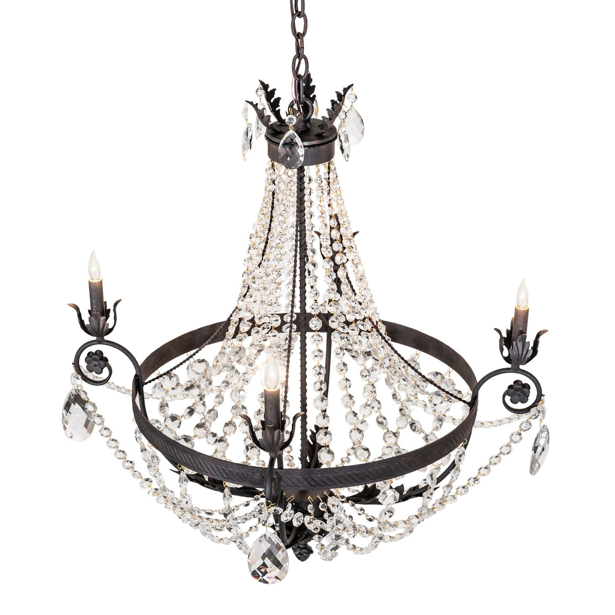 Top detail of chandelier showing chain mount and crystal accents.