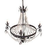 Top detail of chandelier showing chain mount and crystal accents.