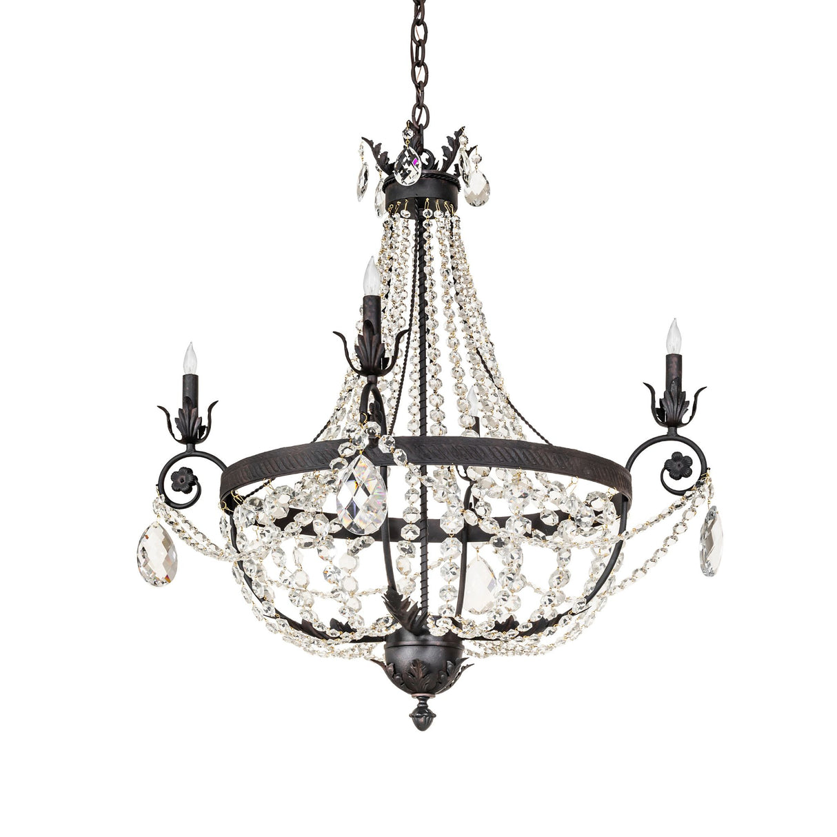 Antonia 4-light crystal chandelier unlit showing chestnut metal and crystal chains.