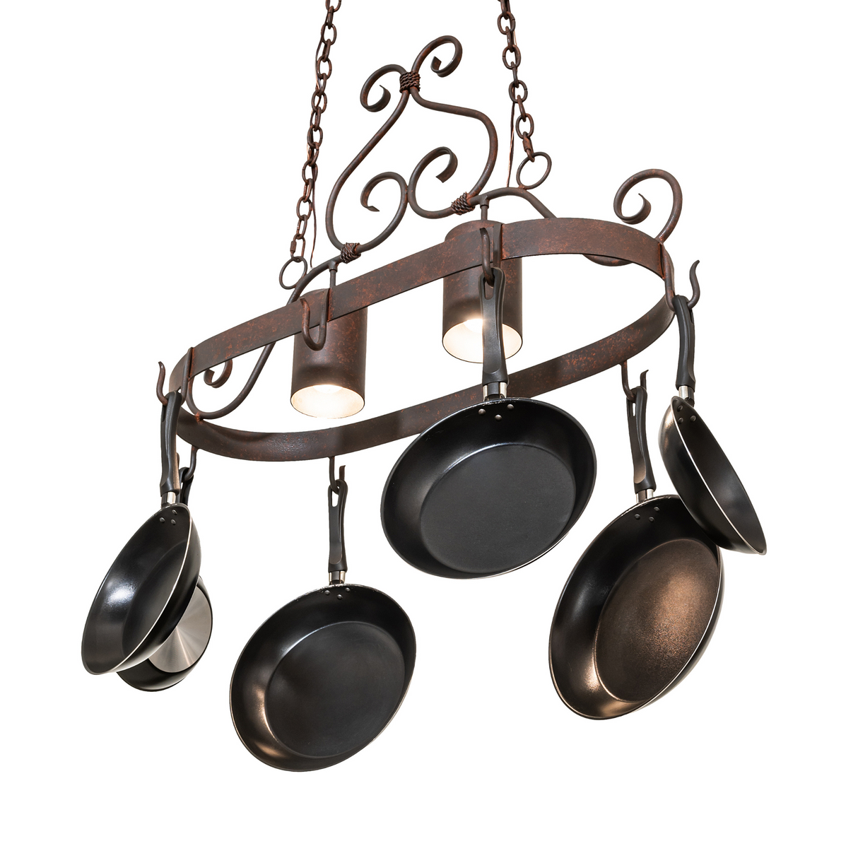 Upward angle showing lights and cookware hooks.
