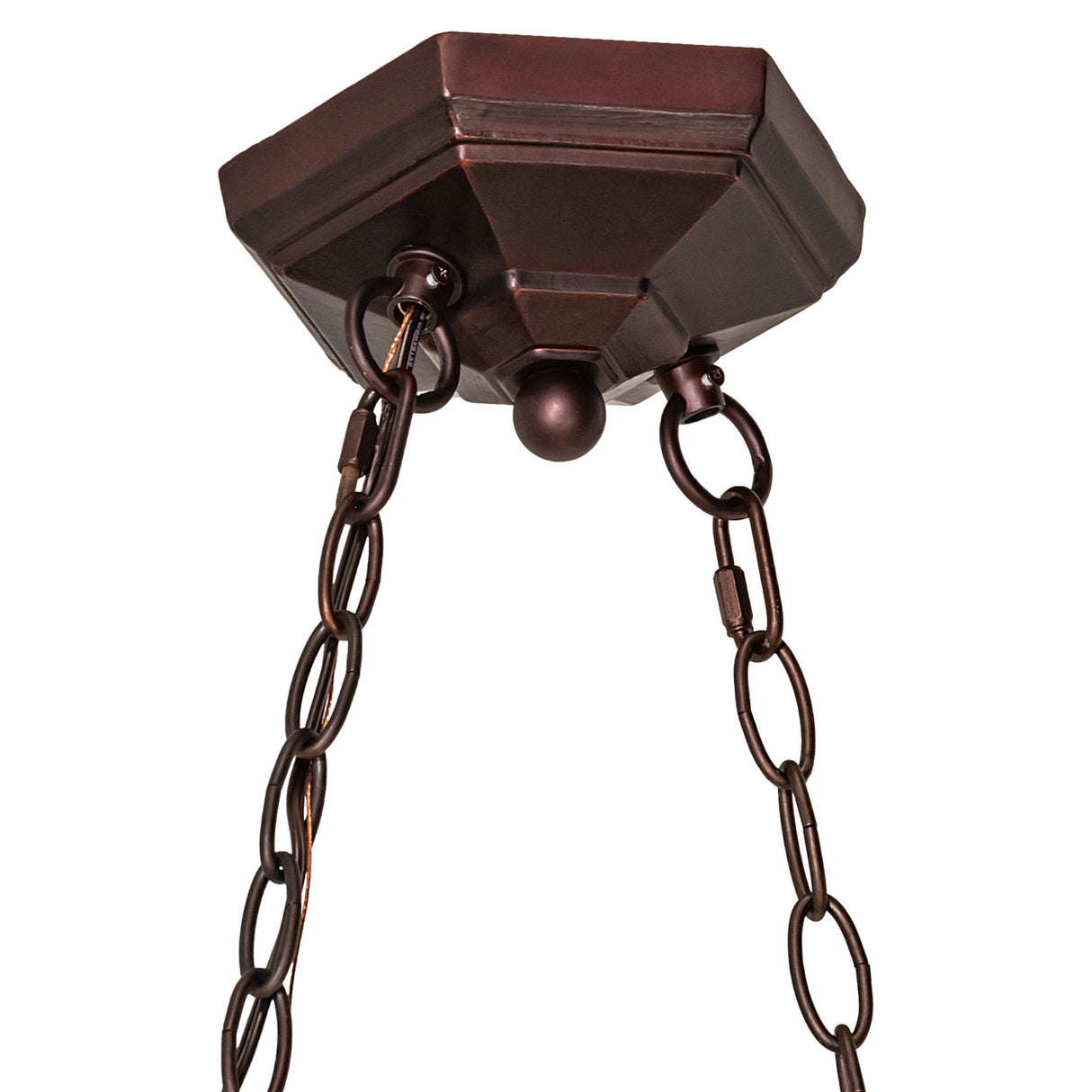 Detailed view of the adjustable chain and fixture hardware in Mahogany Bronze.
