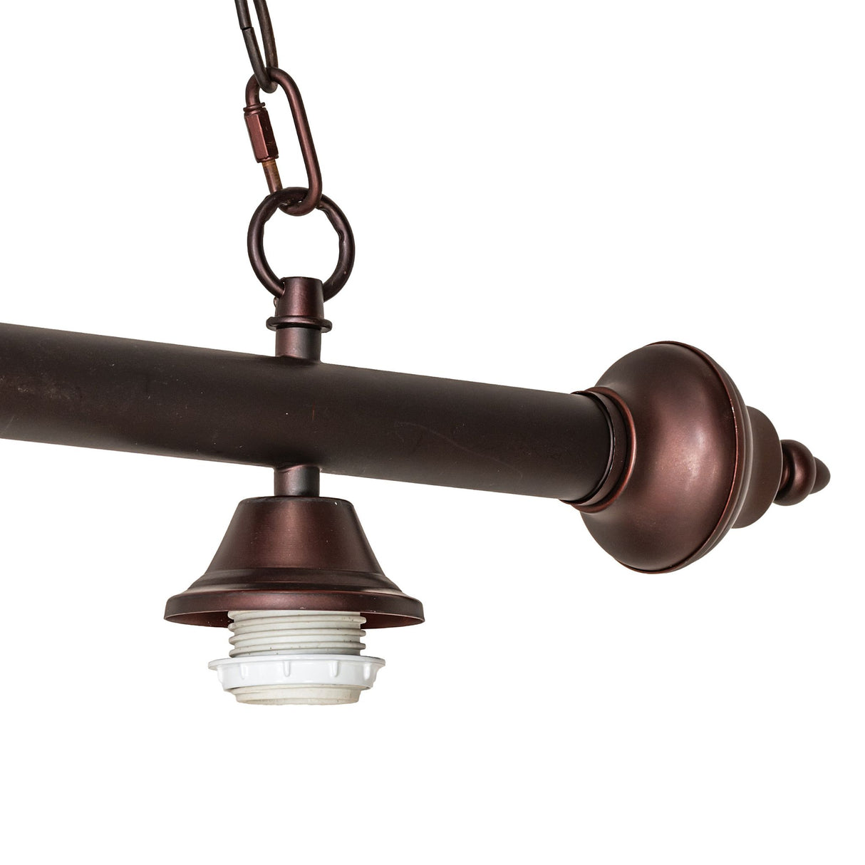 Close-up of the pendant's hardware and bulb holder with a bronze finish.
