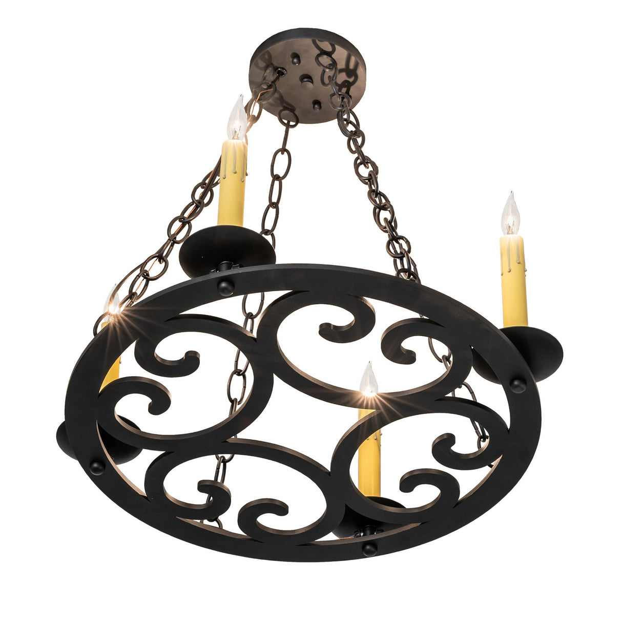 Ashley 4-light blackwash chandelier bottom angle view.