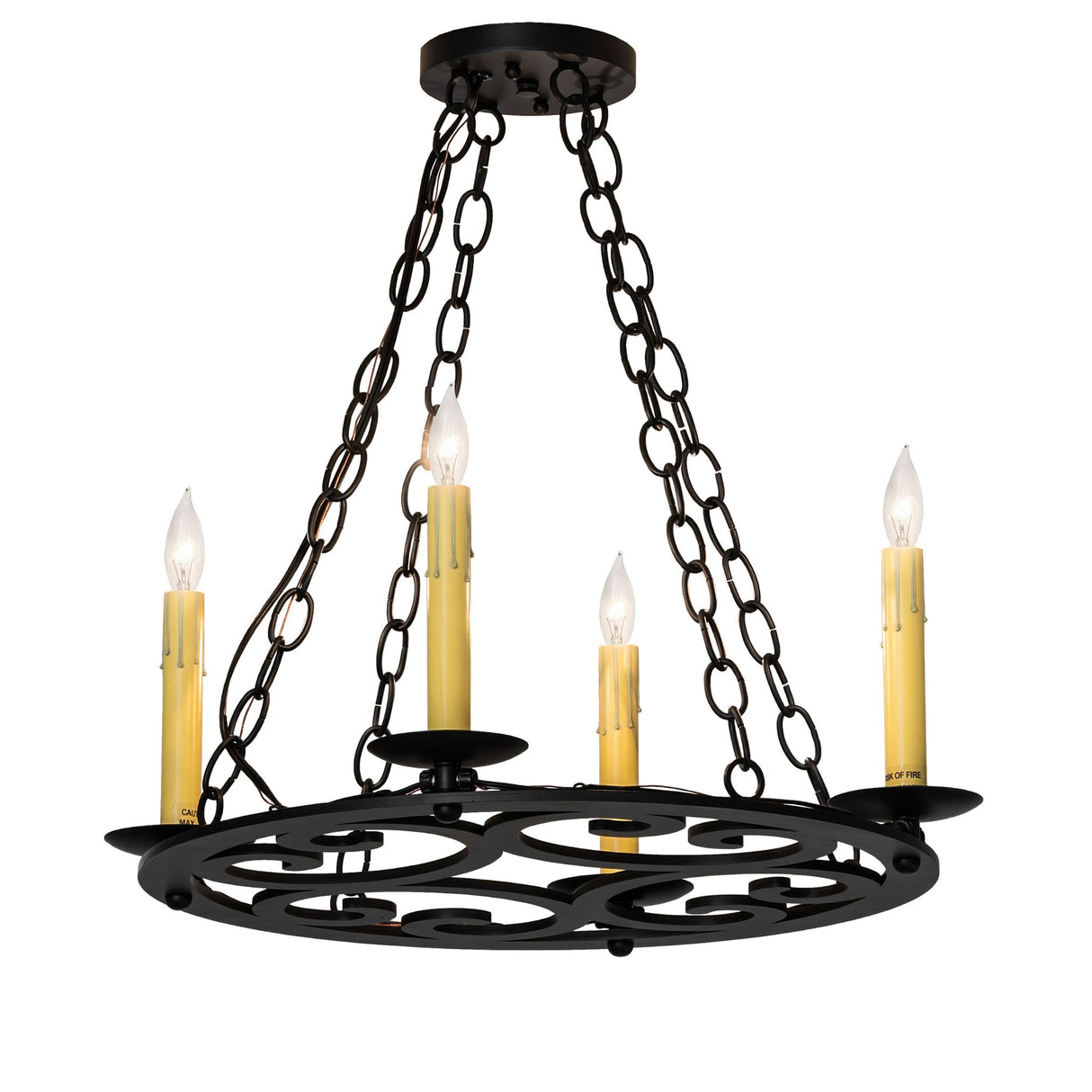 Ashley 4-light blackwash chandelier lit main view on white background.