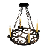 Ashley 4-light blackwash chandelier lit top angle view showing scroll ring design.