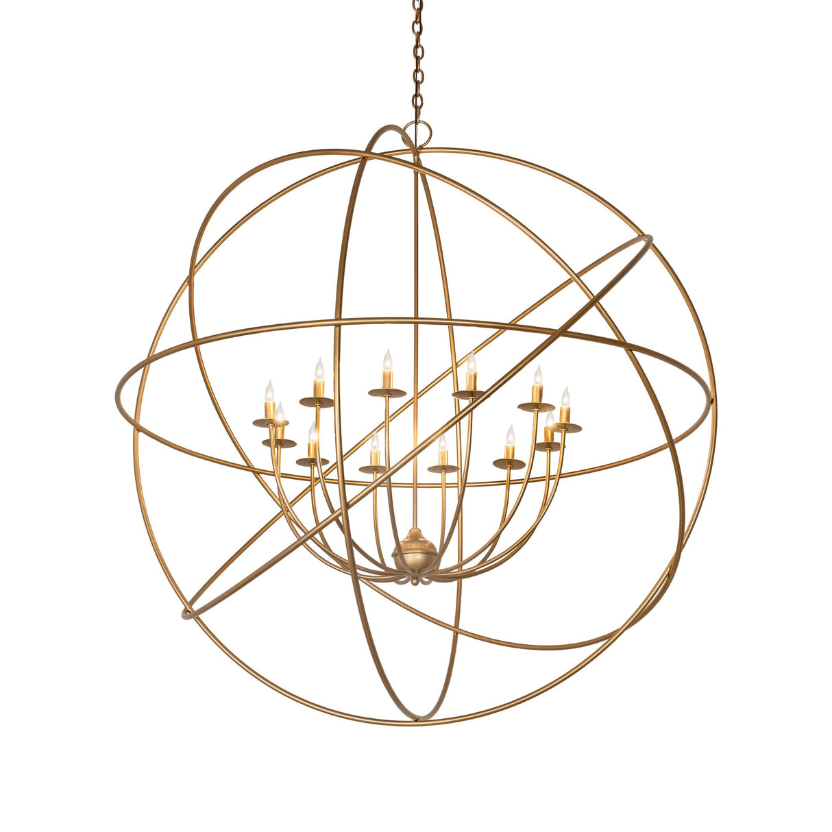 Lit view of atom chandelier with 12 glowing candle lights.