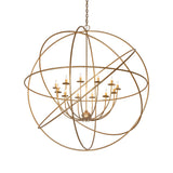 Lit view of atom chandelier with 12 glowing candle lights.