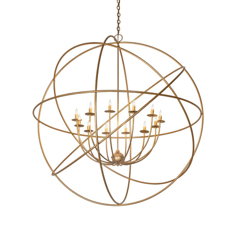 Lit view of atom chandelier with 12 glowing candle lights.