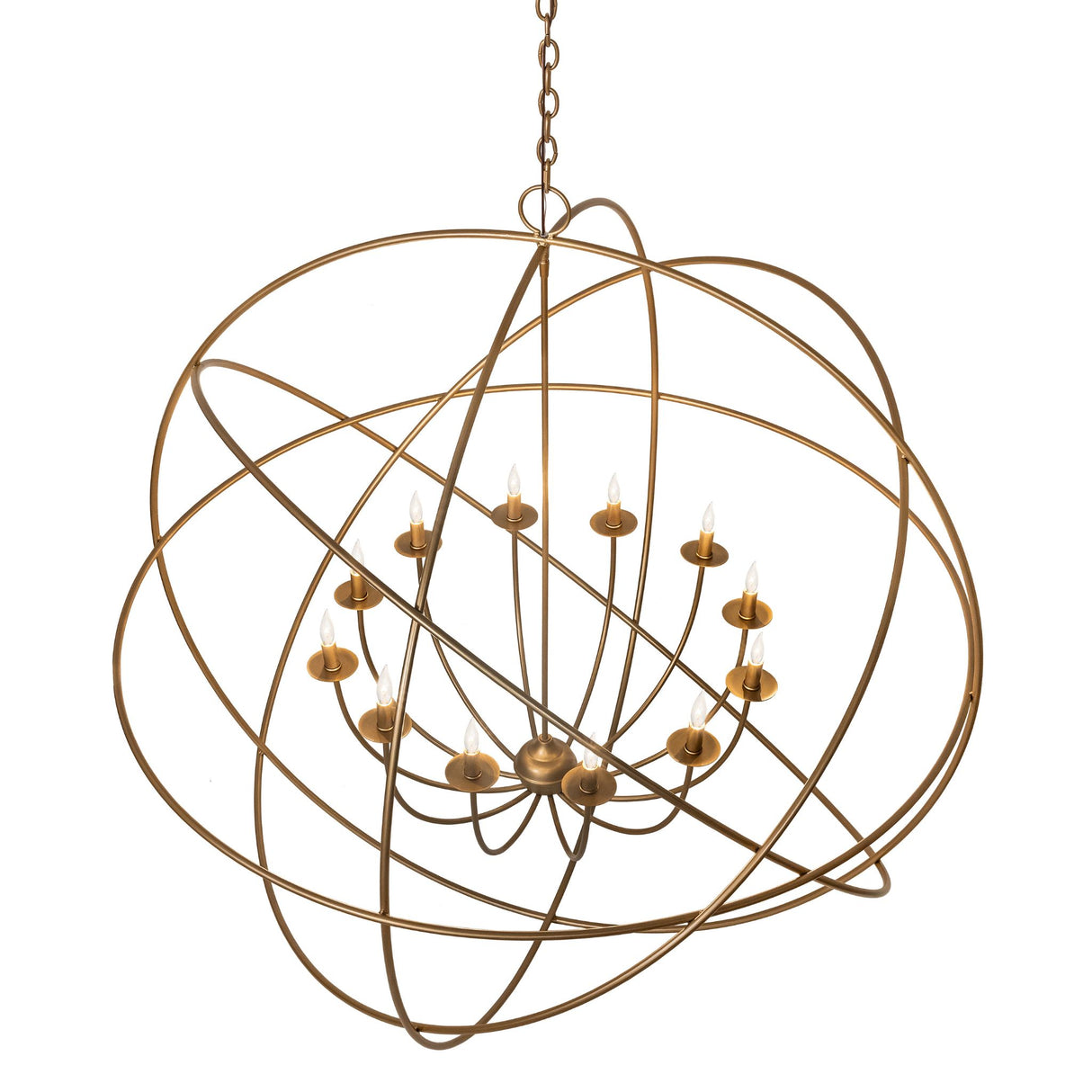 Top angled view of gold atom chandelier showcasing rotating ring structure and candlelights.